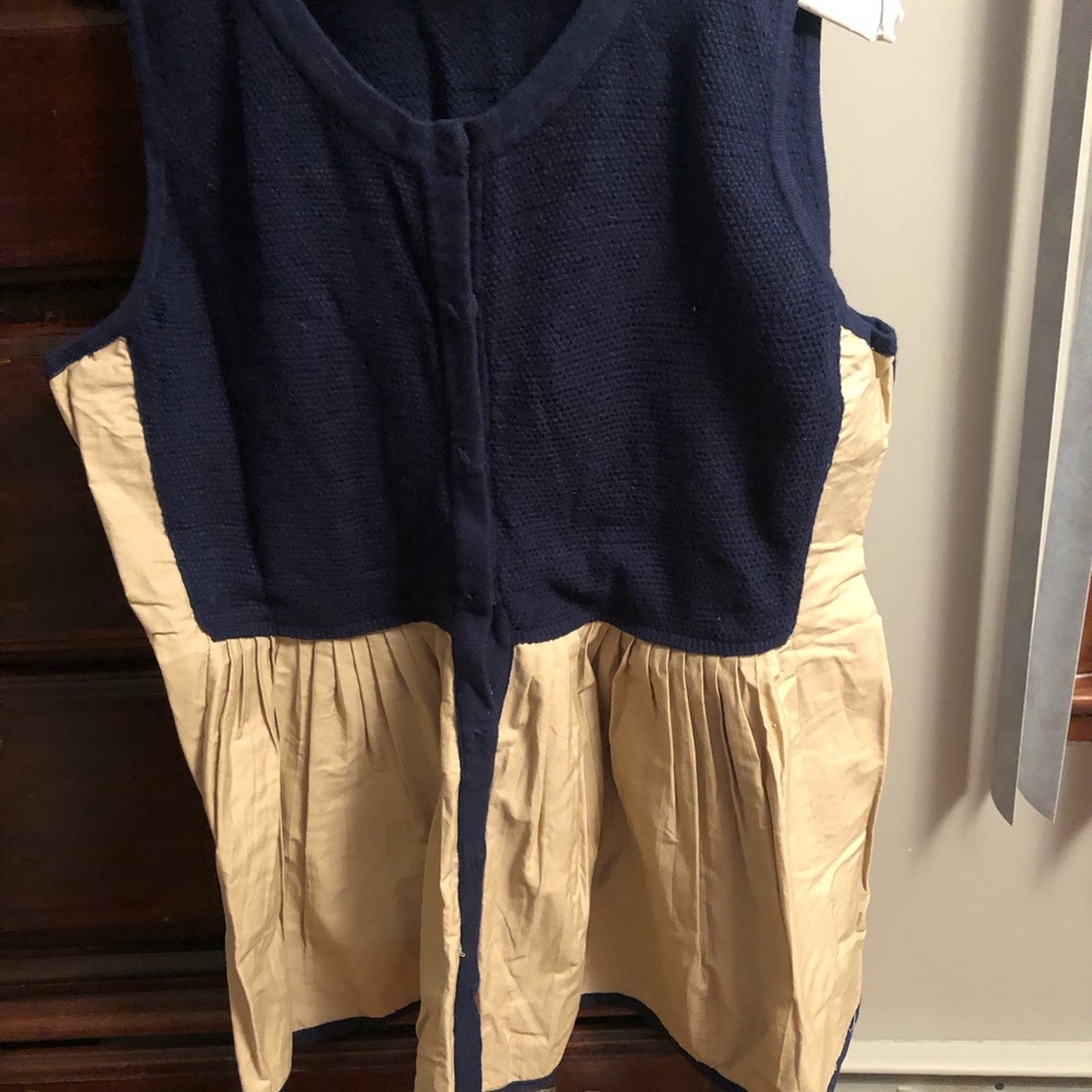 Moth Two-Tone Navy and Beige Button-Down Peplum Top